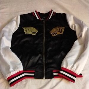 Black and White Bomber Jacket with Tiger Patches